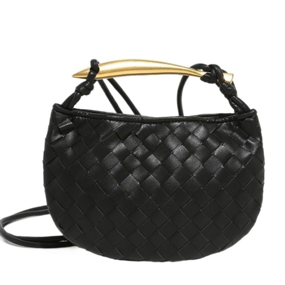 New Black Braided Soft Leather Crossbody Gold-tone Horn Handle Bag